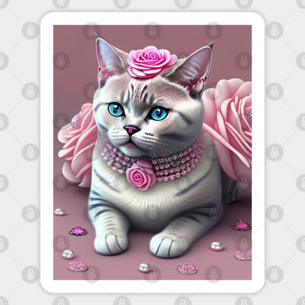 British Shorthair sparkles with gems and pink roses Sticker by Enchanted Reverie